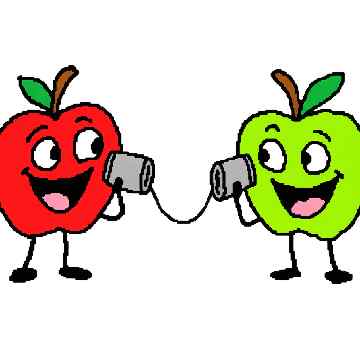 Two apples speak into tin cans joined by a fairly straight string