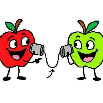 Red and green apples proudly point to a U-shaped bend in the string between their tin cans